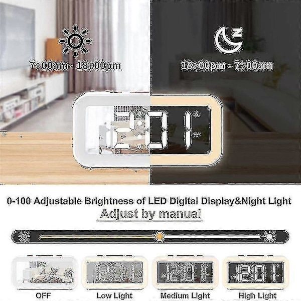 Digital väckarklocka, dimbar spegel LED-klocka (vit)