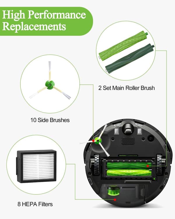 Reservedele til iRobot Roomba E5 E6 i7 i7+ i3 i3+ i4 i4+ i6 i6+ j7 j7+, Erstatningstilbehørssæt til Roomba i/e/j-serien, 4 gummibørster, 8