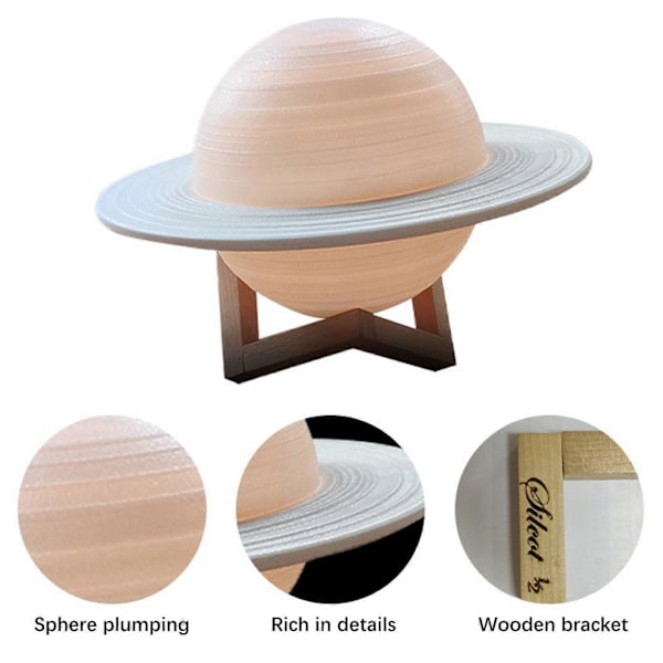 Saturn nattlampe med 16 farger og fjernkontroll/berøringskontroll, USB-oppladbar