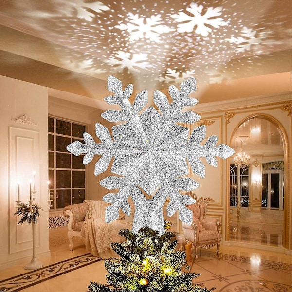 Snøfnugg Juletretopper 3D Projektor Roterende Stjerne Juletre LED Tretopp Lysende Roterende Juletrepynt for Innendørs Utendørs Jul