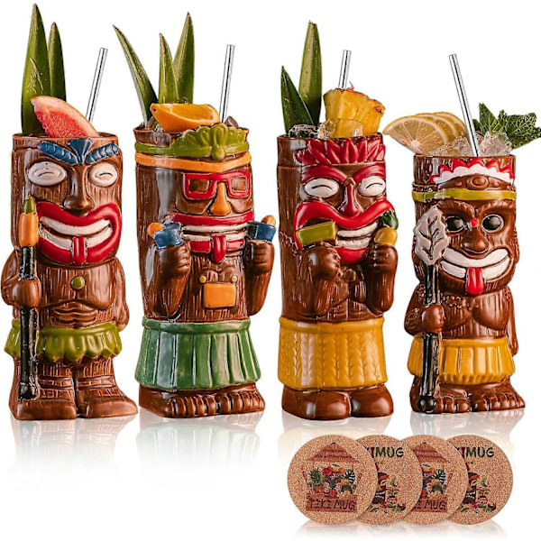 4 Sett Eksotiske Cocktail Tiki Krus for Fest Tropisk Tiki Bar