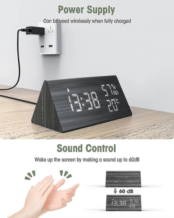 Väckarklocka digital träklocka, digital bordsklocka med röststyrning / snooze / datum / temperatur
