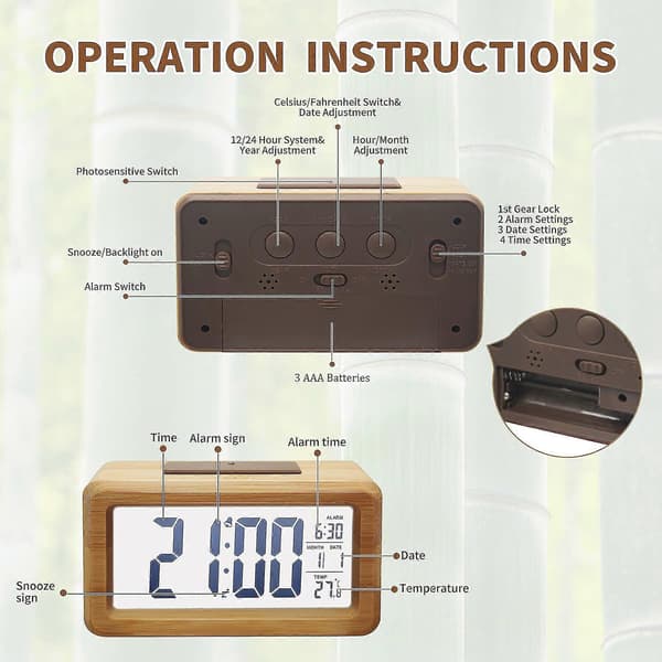 Digitalt vækkeur i træ, stort LED-display, 12/24 timers display, smart sensor natlys