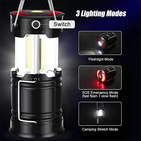 LED campinglys, 3-modus oppladbar campinglampe, vanntett campingbelysning for camping, fotturer, hagearbeid, fiske, etc.