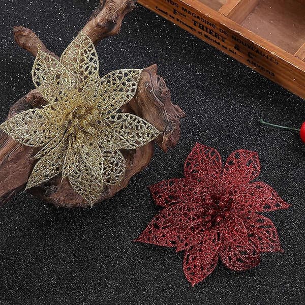 24 røde julestjerner med glitter, juletrepynt, juleblomster, julebordpynt, jul