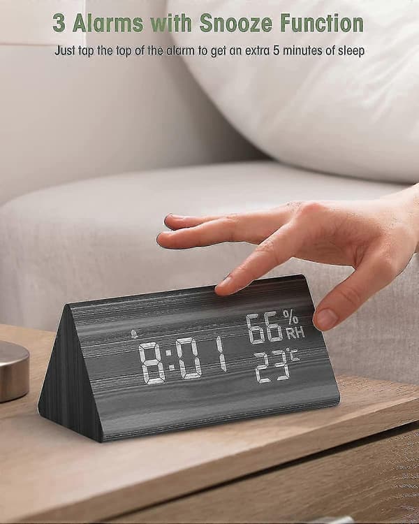 Väckarklocka digital träklocka, digital bordsklocka med röststyrning / snooze / datum / temperatur