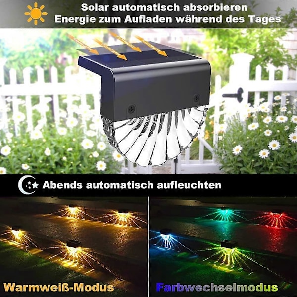 Solar Udendørs Havelampe, LED Udendørs Væglampe, 6-pak Varm Hvid+RGB Farve, Solar Hegnlamper til Væg, Hegn, Terrasse, Have, Trin, Trappe, 9*5.8
