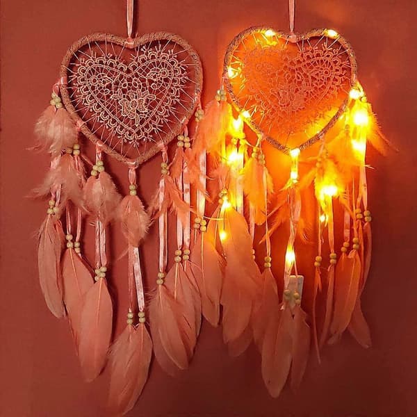 Drømmefanger, Boho Stil LED Lys Håndlaget for Soverom Bil Dekorasjon, Romantisk Vegghengende Drømmefanger (Lys Rosa, Lys)