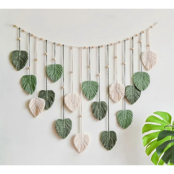 Makrame Vævet Vægophæng Boho Vævet Bladtapet Stort Grønt Blade Vægdekoration Chic Hjemmeindretning Håndlavet Fjer Vægkunst til Soveværelse 120x74 cm