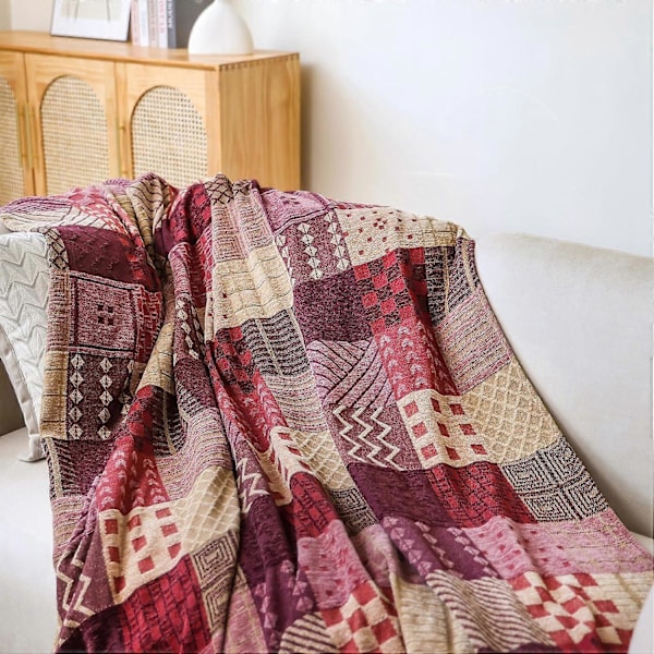 Chenille Vevd Teppe, Dobbeltsidig Lappeteppe Sengeteppe med Frynser, Bohemsk Sengeteppe, 220x260cm, Rød, Elegant og Mykt for TV, Sofa, Lenestol, Seng