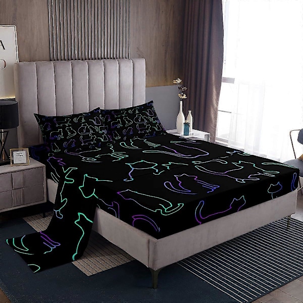 Lysande Katt Ombre Neon Kattunge Regnbåge Gradient Linjer Lakan för Queen Size