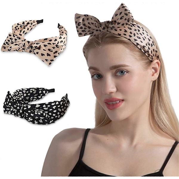 Hodebånd for kvinner, sateng hodebånd, hårbøyle med sløyfe, bånd for kvinner og jenter, hårtilbehør, leopardmønster, 2 stk - Kaffe & Svart