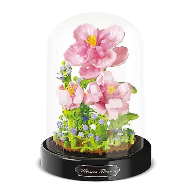 Mini Blomsterbukett Byggsatser, Byggkloss Blomsterbukett Set, Konstgjorda Blommor med Dammtät Kupa, Presentidéer, Hibiskusblommor