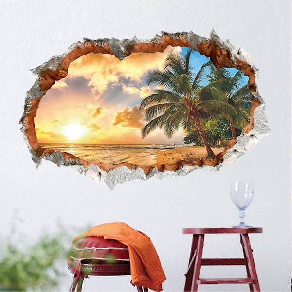 3D Seinätarra Auringonlasku (60x90 cm) I Itsekiinnittyvä seinätarra maisema ranta meri valtameri palmu I Sisustus olohuoneeseen makuuhuoneeseen keittiöön h