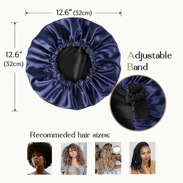 Satin Bonnet Silkehætte Hårhætte til Sovning Satinhue Ekstra Stor Vendbar til Kvinder Krøllet Naturligt Hår marineblå