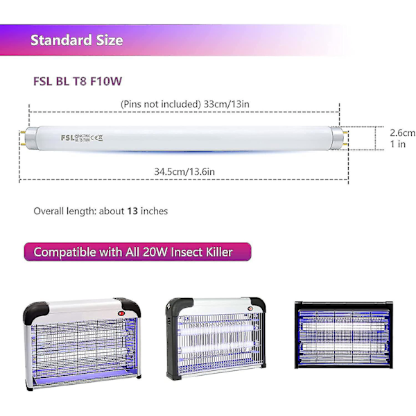 Fsl T8 F10w Bl Erstatningspære Uv-rør kompatibel med Mygge-/insektfangerlampe (2 stk)