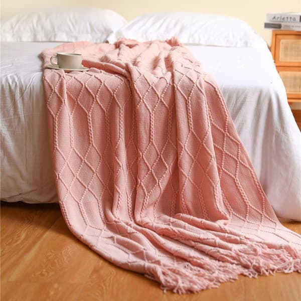 Sofatæppe Boho tæppe Strikket tæppe Blødt plaid Lyserød