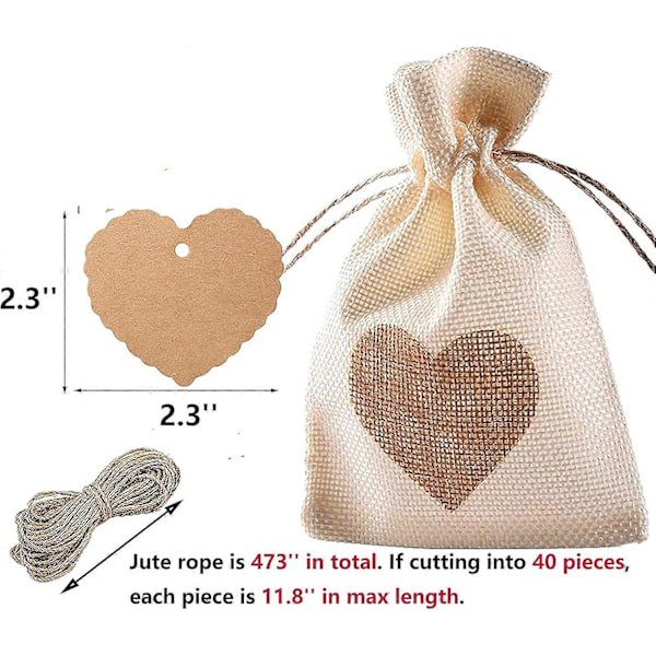 40 Pakke 4\"x6\" Hjerte Jute Sekker, med DIY-etiketter, for Valentinsdagen