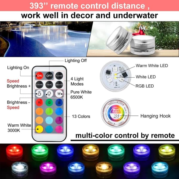Mini undervannslys RGB flerfarget 10 stk vanntett