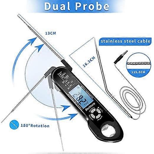 Kökstermometer, Grilltermometer, Direktavläsande Matlagningstermometer, Kötttermometer, med 2 Långa Prober och LCD-Display, för BBQ, Mat, Kött