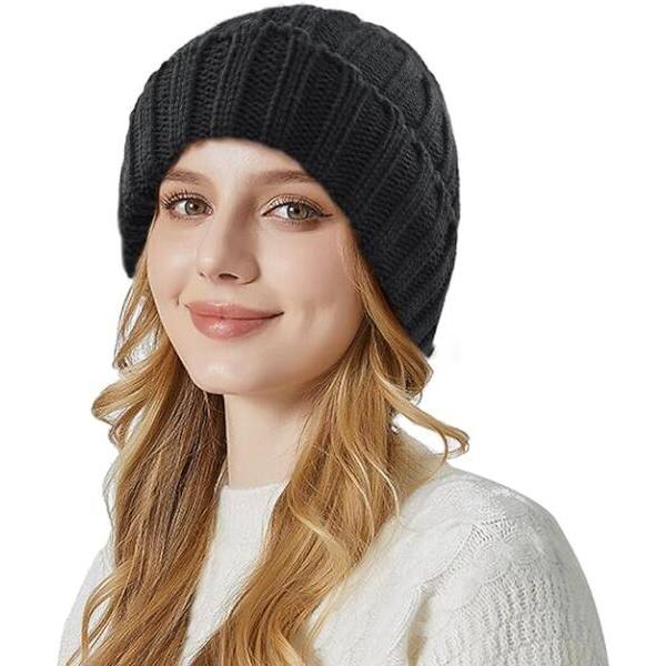 Vinterhue til kvinder, termisk slouchy elastisk strikket fleeceforet hue