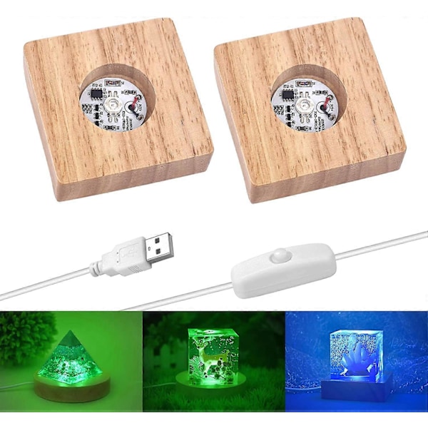 2 Stycken LED-ljusdisplaybas, 7-färgad fyrkantig träbelyst basstativ för laserglasresin-konst