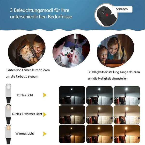 LED leselampe bokklemme USB oppladbar med berøringsbryter