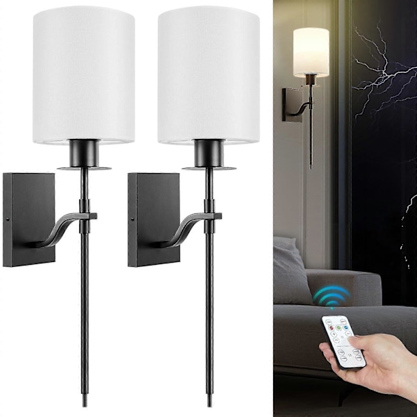 2 Set Trådlösa Dimbar Svarta Vägglampetter med Batteridrift