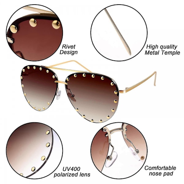 2 stk. Dame Rimløse Oversized Solbriller med Nitter og Gradient Glas, Moderigtige