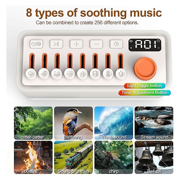 White Noise Sömnljudmaskin med 8 ljud, Portabel Bluetooth-högtalare, 12 Färgers Nattlampor
