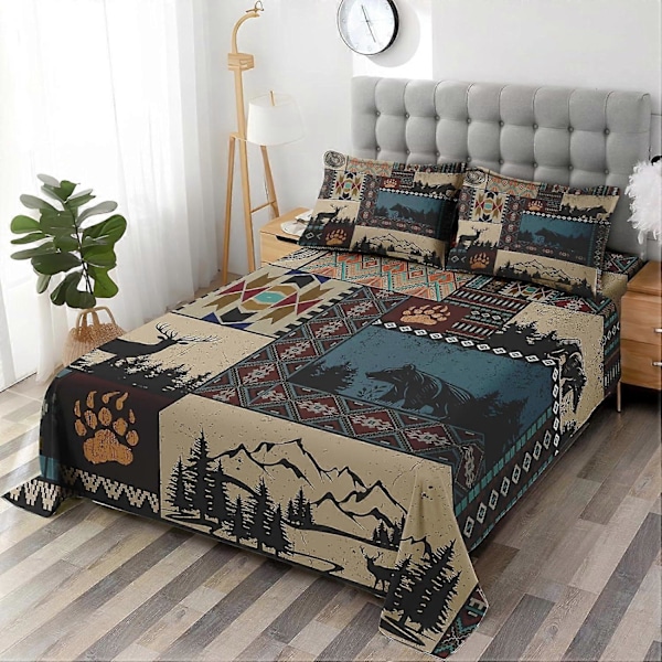 4 Delar Retro Mjukt Mikrofiber Lakan Set för Sovrum Säng Dekor Queen Size