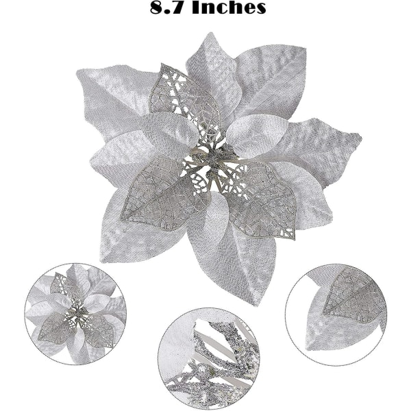 Artificiell julstjärna blommor glitter 8.7I julgransprydnader Silver stil1 15 stycken