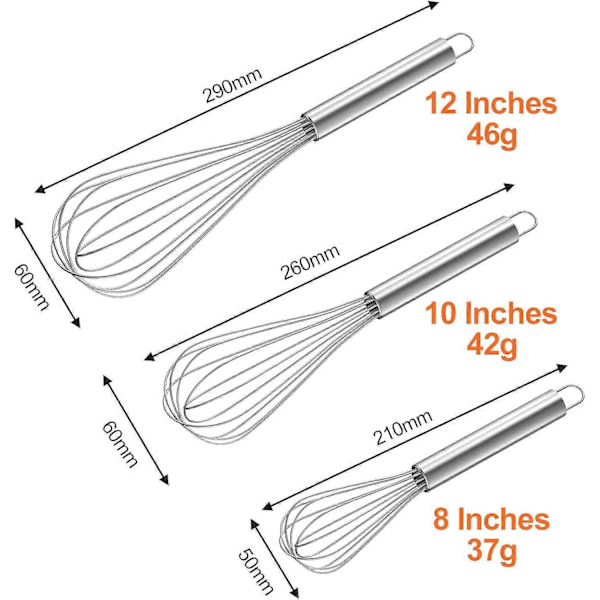 3 stk. Sølv Profesjonell Kjøkkenvisp i Rustfritt Stål, Manuell Eggvisp Inneholder 21cm, 26cm, 29cm, Visp for Miksing, Røring av Deig, Egg, Pisking,