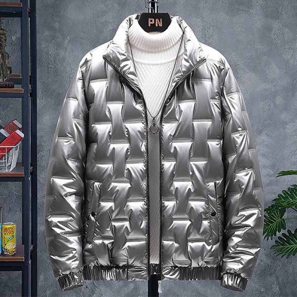 Puffer för män- Shiny Warmer Autumn Winter Down Jacket Coat Silver 4XL