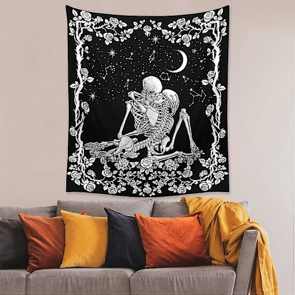 The Kissing Lovers Skull Gobelin, Sort og Hvid Romantisk Konstellation Skelet Gobeliner Vægophæng dekoration til Stue Soveværelse (51.2x 59.1)