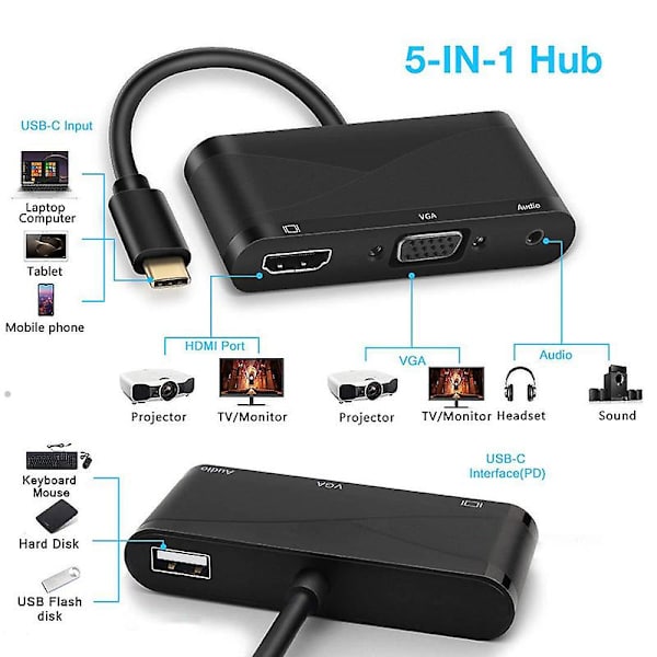 Type-c Till Hdmi Vga 3.5 Ljudadapter 5I1 Usb-c Laddningshubb