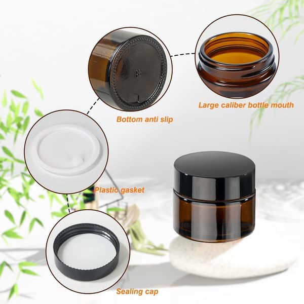 6 glasbeholdere, 50 ml cremebeholdere til påfyldning, ravfarvede glascremebeholdere