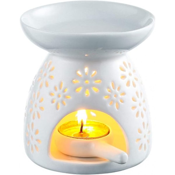 Aromalampe med keramisk lysholder, hvit med blomsterdesign