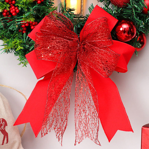 Christmas Wreath with Wind Lantern Bowknot Red Flower Front Door