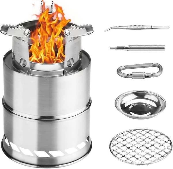 Camping Komfur, Foldbart Lille Bærbart Rustfrit Stål Trækomfur til BBQ Vandreture Camping Picnic med BBQ Net og Alkoholskål