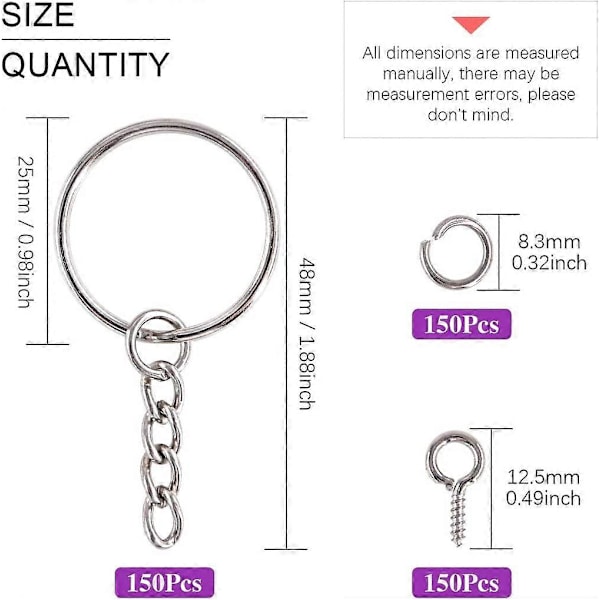 450 st 1 25mm Silver Nyckelringsset, Inkluderar 150 st Nyckelringar med Kedja och 150 st Öppna Ringar med 150 st Skruvöglor Bulk för Smycken