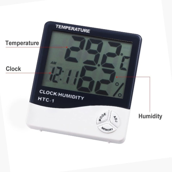 Digital inomhustemperatur- och luftfuktighetsmätare med väckarklocka HTC-2 med ett batteri