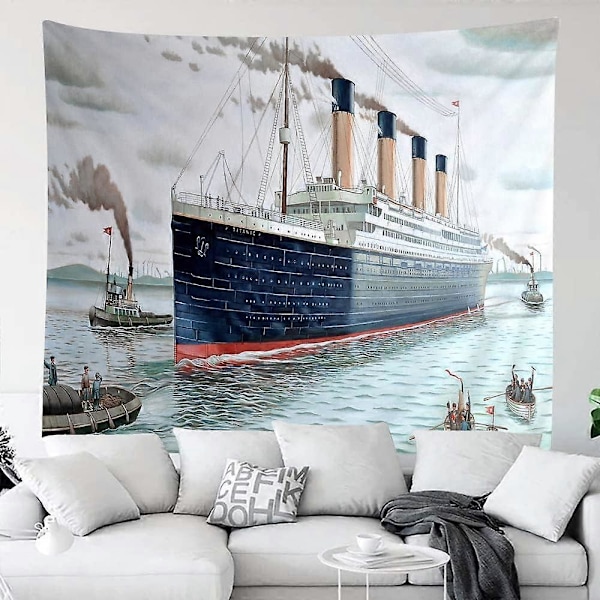 Nautisk Vintage Klassisk Akvarel Mørkeblå Gobelin til Soveværelse 230 B x 180 L cm
