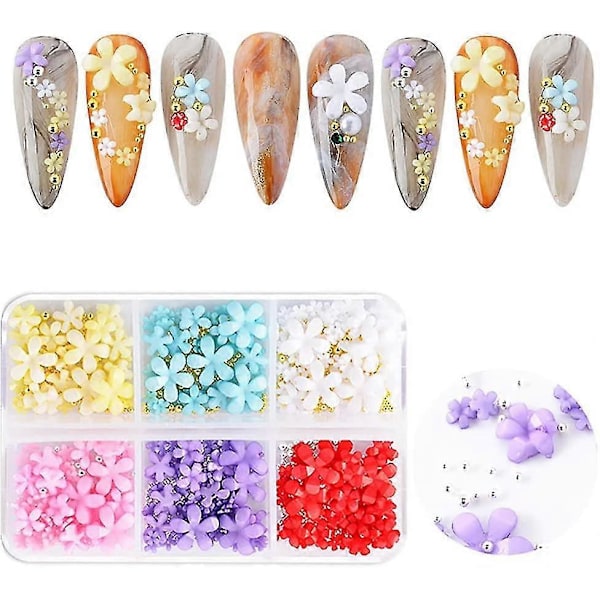 3D Blommor Nageldekorationer för Akrylnaglar, 6 Fack 3D Nagelblommor Strass Körsbärsblom