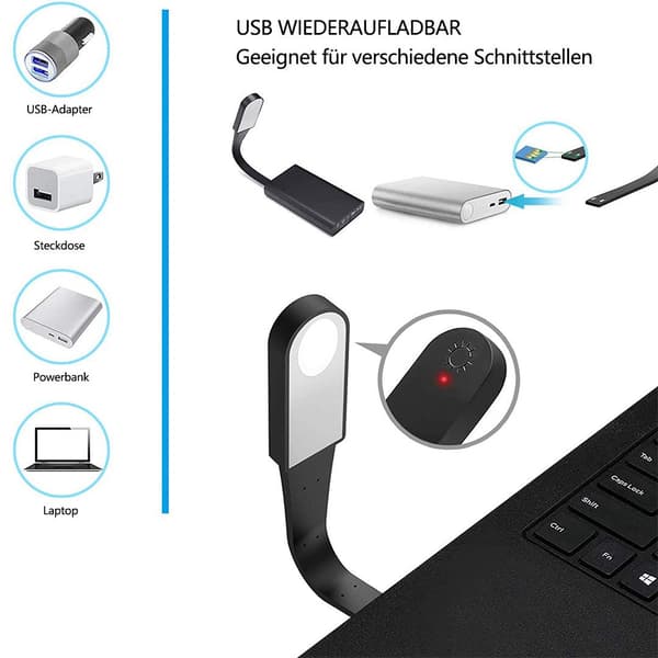 LED leselampe bokklemme USB oppladbar med berøringsbryter
