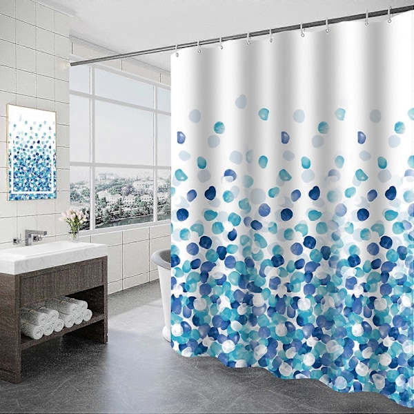 Maskinvaskbart dusjforheng i polyester 180x200 cm med vektet bunnkant og 12 kroker, badeforheng for baderom, blått boblemønster