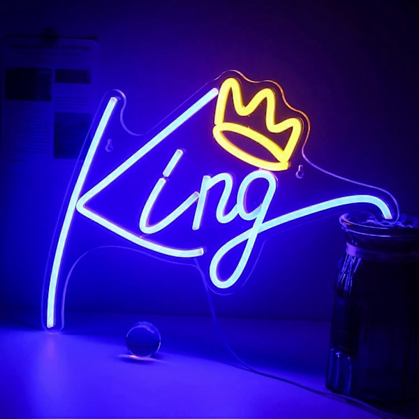 King Neonkyltti, siniset LED-kirjaimet vaaleanpunaisella kruunulla, huomiota herättävä