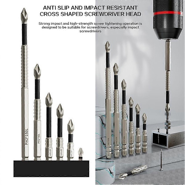 (6 st) Hög Skruvmejsel Borr PH2 Slagskruvmejsel Bits 25 150mm Batch Huvud PH2 Krysskruvmejsel Set