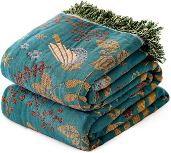 MSGKV Boho Plaid 152x203 cm, 100% Bomuldstæpper til Sofa Seng, Bomuldsquilt Rejse Musselin Tæpper Bondegårdsindretning Blød Letvægts Picnic