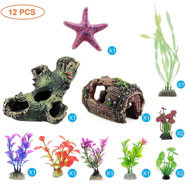 Akvariedekorationer Planter med Knust Tønde i Resin og Hule Stenudsigt, 12 stk. Akvariedekorationer Planter Plastik, Akvarietilbehør, Fiskehule